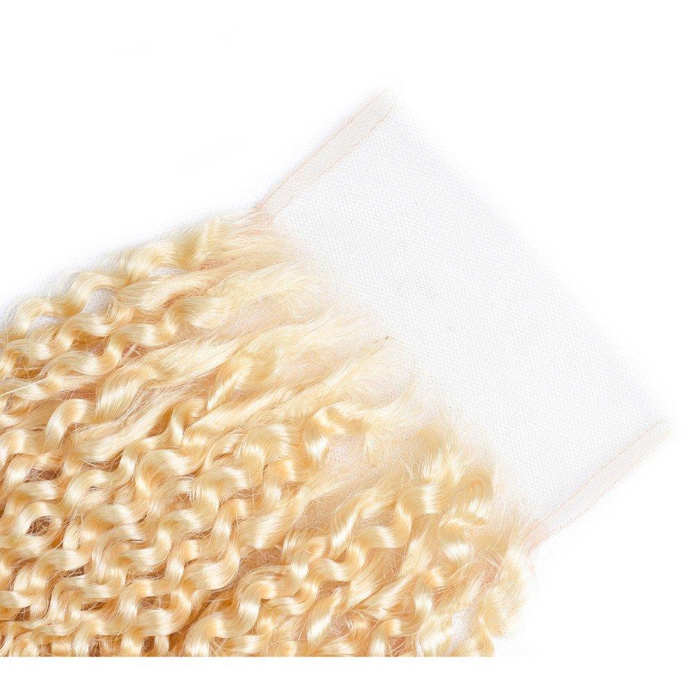 HC HC Hair Peruvian Kinky Curly 613 Blonde 3 Bundles with Lace Closure Honey Blonde Curly Blonde Human Hair Weave (20 20 20 with 18 inch)