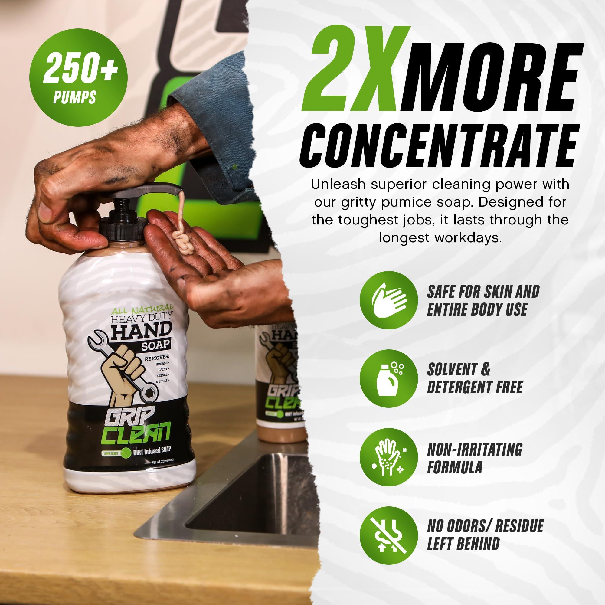 Grip Clean Grip Clean - Hand Cleaner for Mechanics  Heavy-Duty Mechanic Soap, Liquid Hand Soap with Natural Pumice & Clay to Absorb Tough Grease, Oil & Dirt  Moisturizing Coconut Oil, Lime Scent (32oz)