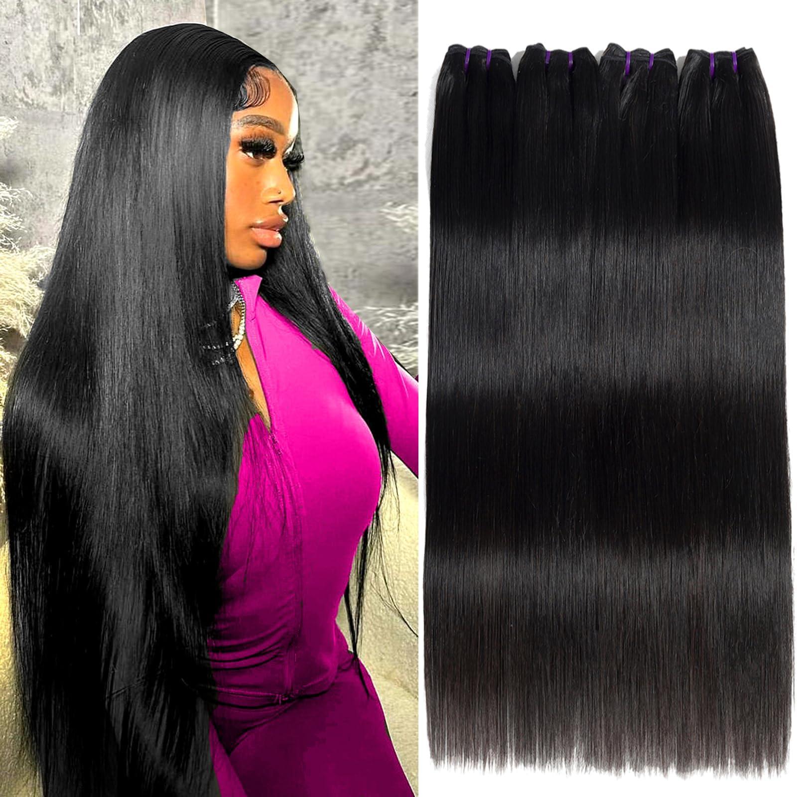 Beauty Queen Beauty Queen Straight 4 Bundles Human Hair 24 26 28 30 Inch 16A 100% Unprocessed Human Hair Bundles Full And Thick Brazilian Virgin Hair Weave Bundles Raw Hair Extensions Natural Black Color