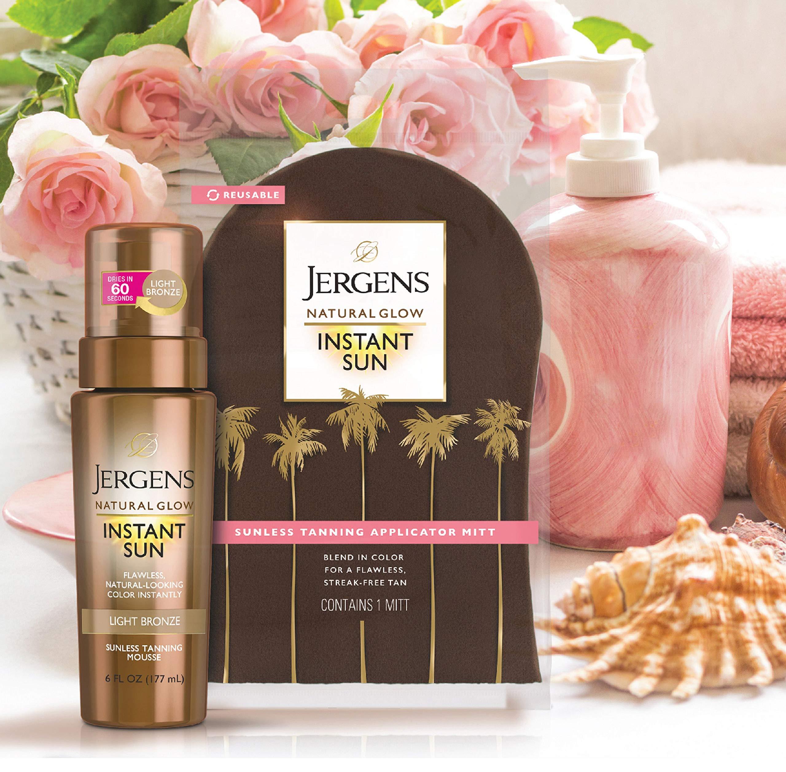 Jergens Jergens Natural Glow Instant Sun Body Mousse, Deep Bronze Tan, 6 Ounce Sunless Self-Tanner with Natural Glow Body Applicator Mitt, Flawless, Streak-free Tanning Blender Glove