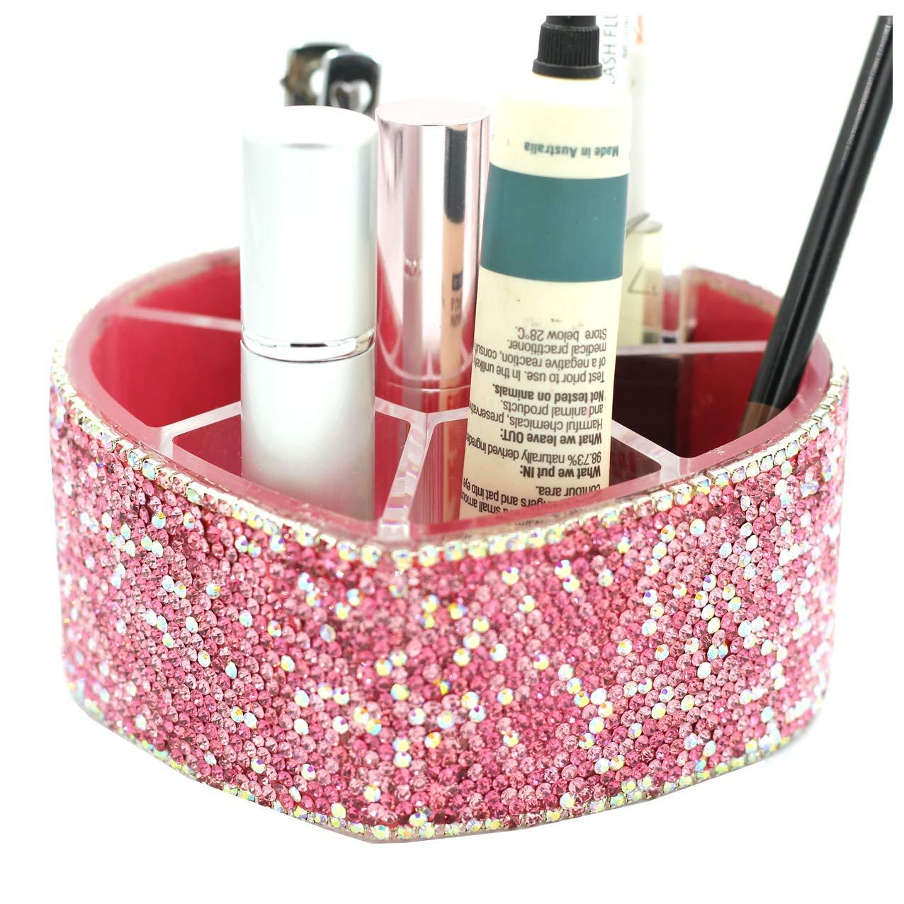 Bestbling Desktop Cosmetic Storage Box 8-hole Heart-Shaped Bling bling Rhinestone Cosmetic Tools storage Box Jewelry Storage Box (Pink)