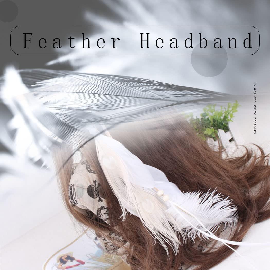 Uranian Uranian Boho Feather Headband Indian Gypsy Hippie Hairband Braided Rope Headdress Adjustable Headpieces for Festival Costume Hair Accessories for Women and Girls (3*White)