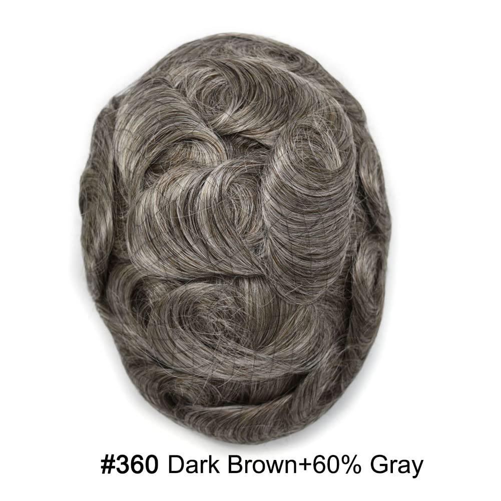 Hair Wonders Hair Wonders Toupee For Mens Hair Piece Real Human Hair Full Poly Skin Mens Toupee Hair System For Men Hairpiece For Men PU Protesis Capilar 6x8Medium light density#360 3# DARK BROWN+60% GREY
