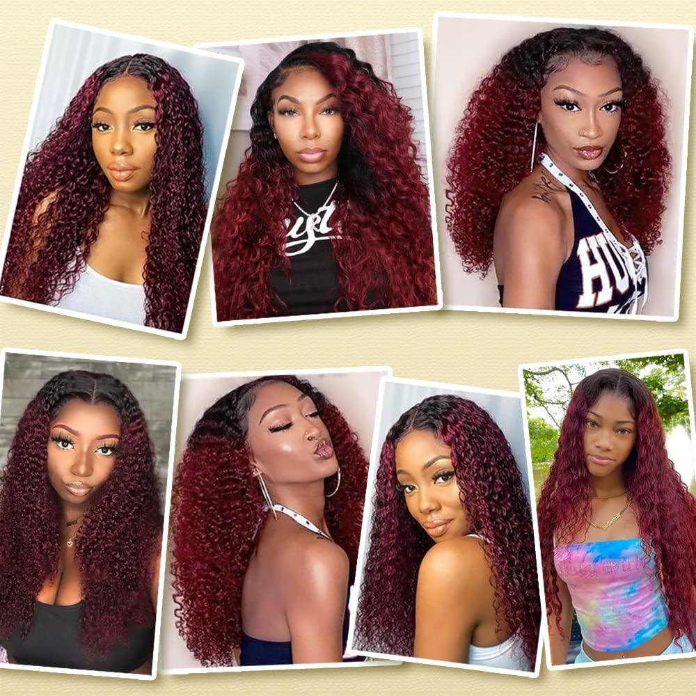 ALISFEEL Ombre Dark Red Curly Weave Human Hair 3 Bundles 99J Brazilian Curly Hair 100g/Bundles Burgundy Kinky Curly Human Hair Extensions for Black Women (18"20"22")