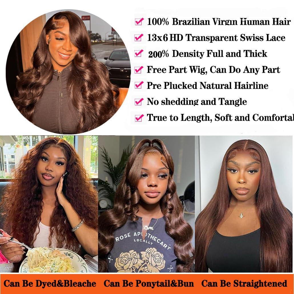 Fongly 26 Inch Chocolate brown Lace Front Wig Human Hair 13x6 HD Transparent Body Wave Lace Front Wigs Human Hair Pre Plucked Glueless Frontal Brown Wig Human Hair 200% Density Colored #4 Human Hair Wigs