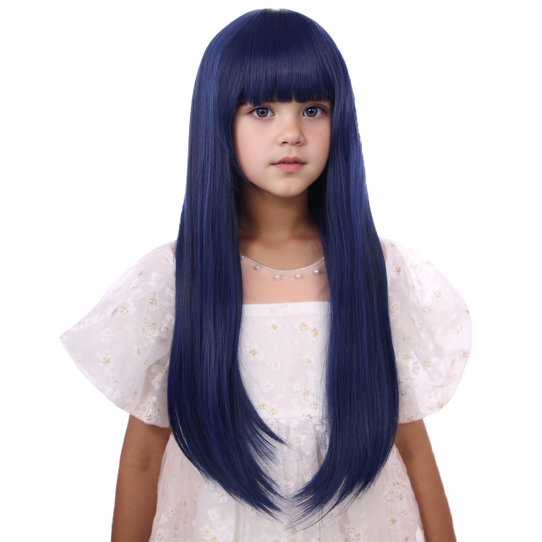 Edivd Edivd Dark Blue Wig for Kids Long Navy Blue Wig with Air Bangs for Girls Child Long Blue Straight Wig Heat Resistant Synthetic Wig with Wig Cap