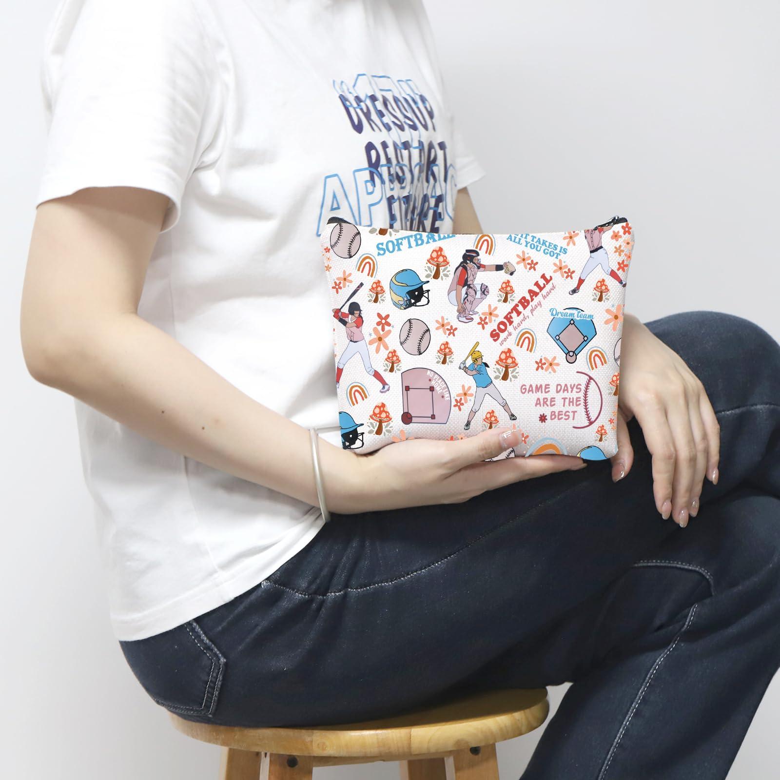 MNIGIU Softball Player Gift Softball Cosmetic Bag Softball Lover Gift Softball Coach Gift Softball Mom Gift (Work hard play hard Bag)