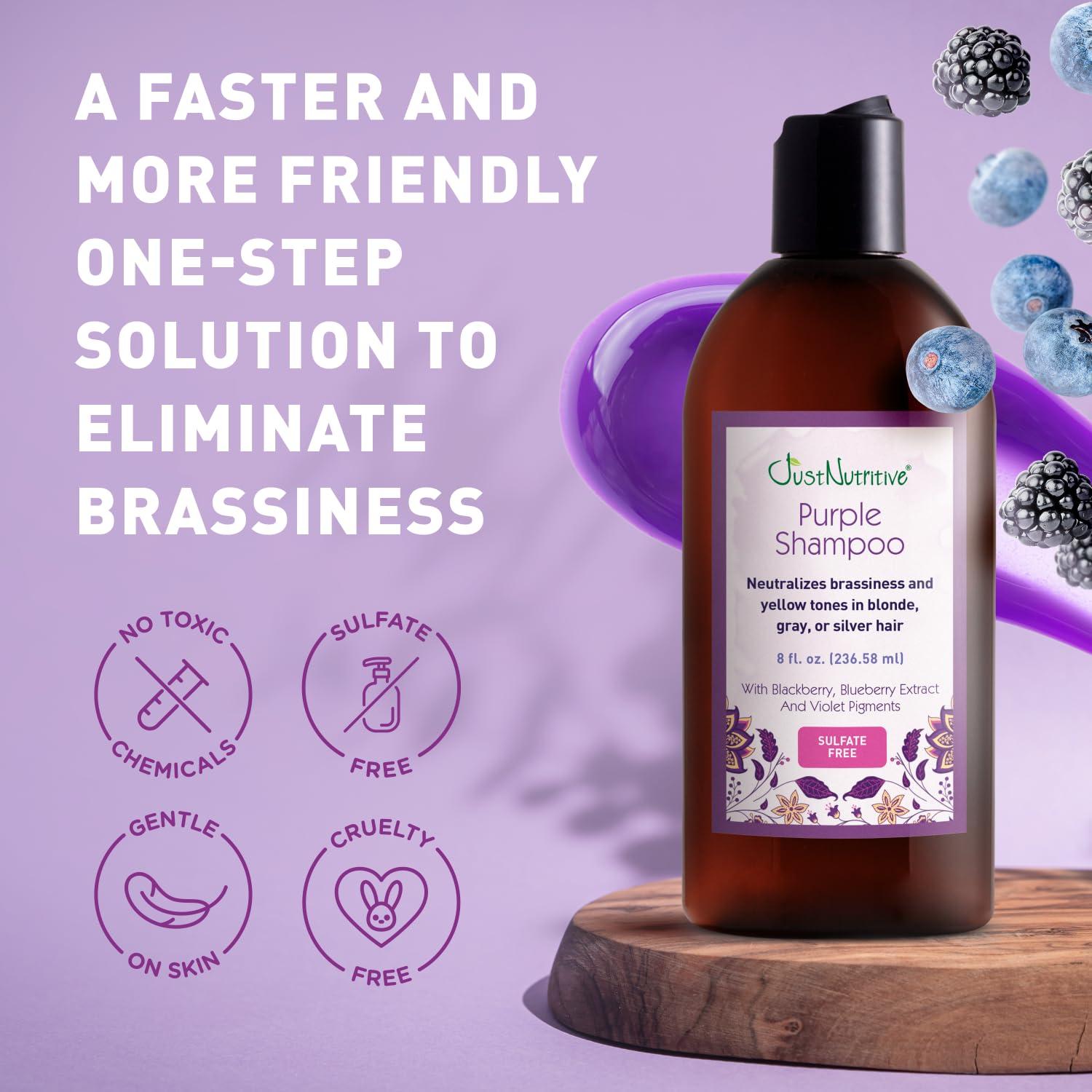 Just Nutritive Just Nutritive Purple Toning Shampoo for Blonde, Gray, White, Silver, and Bleached Hair - Eliminate Brassiness, Boost Shine, Repairs, Hydrates, Sulfate-Free, Paraben-Free, Anti-Yellowing, 8 oz.