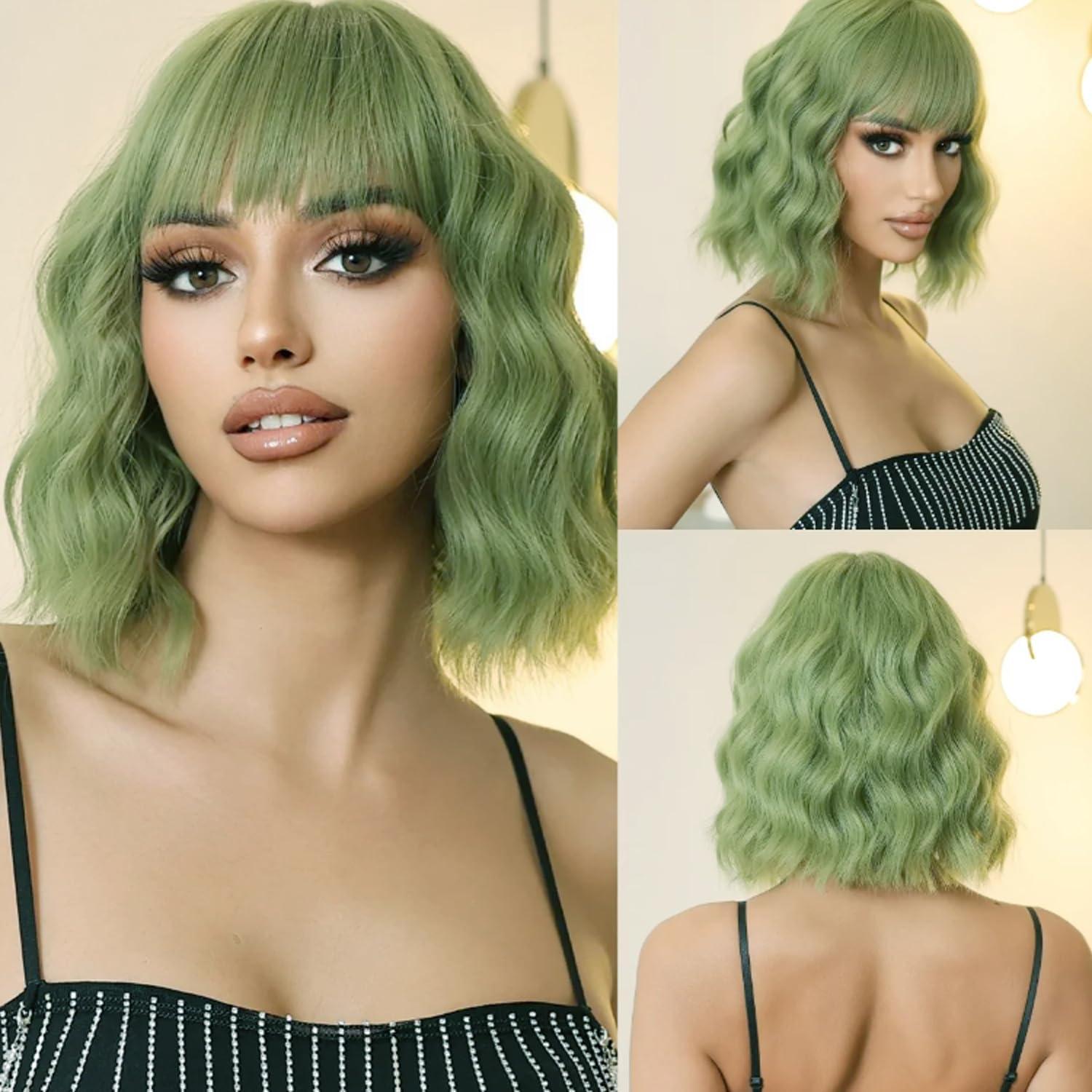 incohair incohair Green Wigs matcha green Wig with Bangs Women Girls Short Curly Wavy Bob Wig Shoulder Synthetic Party Wigs Wig Cap Included (matcha green)