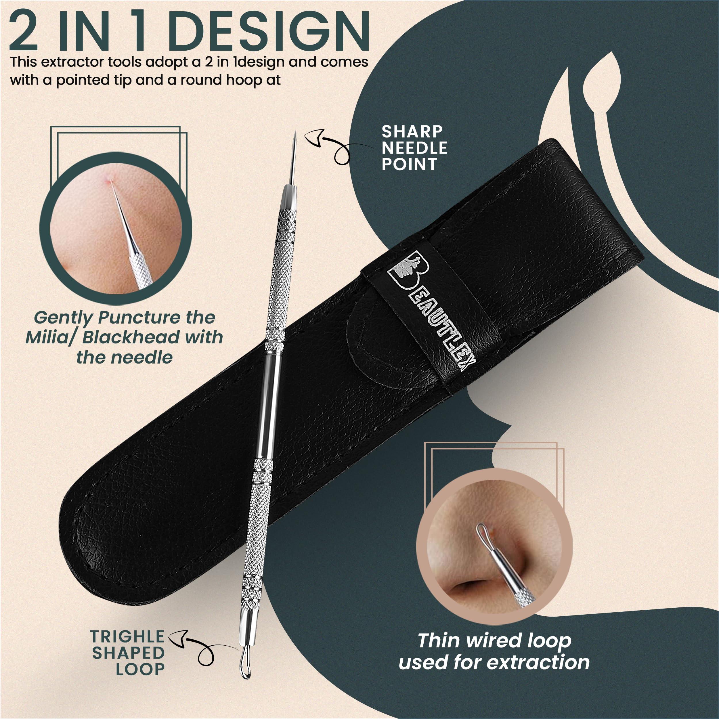 Beautlex Lancet for Facial Milia Remover and Whitehead Extractor. Double Ended Angled Circle Loop & Sharp Needle Pimple Popper Tool. Dermatologists recommended Design and Comes with Synthetic Leather Storage