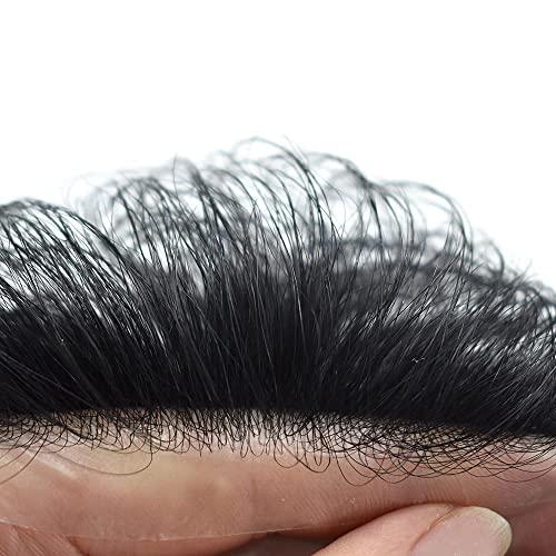 Hair Wonders Hair Wonders Mens Toupee V-looped Hairpieces For Men European Human Hair Replacement System Thin Skin Hair Pieces For Men Protesis Capilar Para Hombre 8X10#1 Jet Black 100% Density