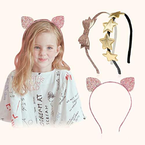 BPNHNA 3pcs Glitter Bow Cat Ears Headband Stars Hair Bands Elastic Hair Hoop for Women Girls Party Daily Hair Decor Accessories