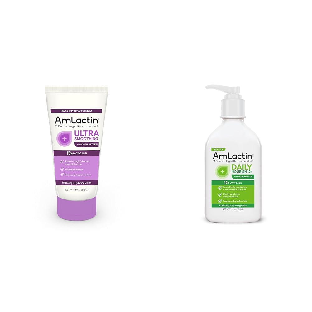 AmLactin AmLactin Ultra Smoothing - 4.9 oz Body & Hand Cream with 15% Lactic Acid - Exfoliator and Moisturizer & Daily Nourish 12% - 14.1 oz Body Lotion with 12% Lactic Acid - Exfoliator and Moisturizer