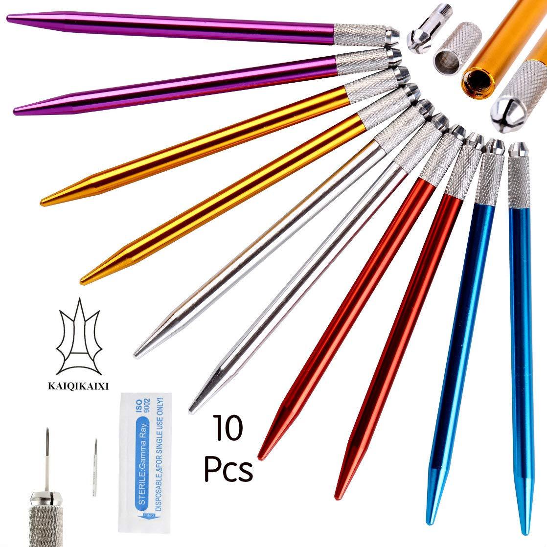 KAIQIKAIXI Microblading Pens 10 Pieces Manual Eyebrow Pens Microblade Pen Aluminum Microblading Hand Tools Light Manual Microblade Tool Microblade Holder Additional 10Pcs Round Needles