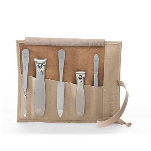GERmanikure GERMANIKURE 5pc Manicure Set in Beige Leather Case - Made in Solingen Germany, FINOX Stainless Steel Tools – Professional Quality Compact Nail Grooming Kit