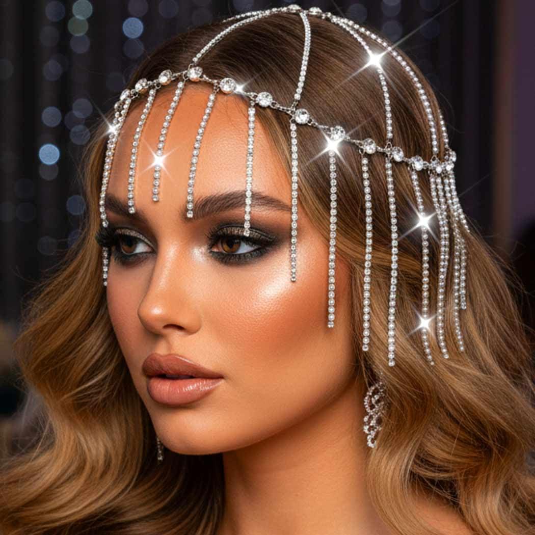 Aukmla Aukmla Rhinestones Head Chain 1920s Flapper Headpiece Cap Crystal Headband Hair Chains Roaring 20s Wedding Hair Accessories for Women and Girls