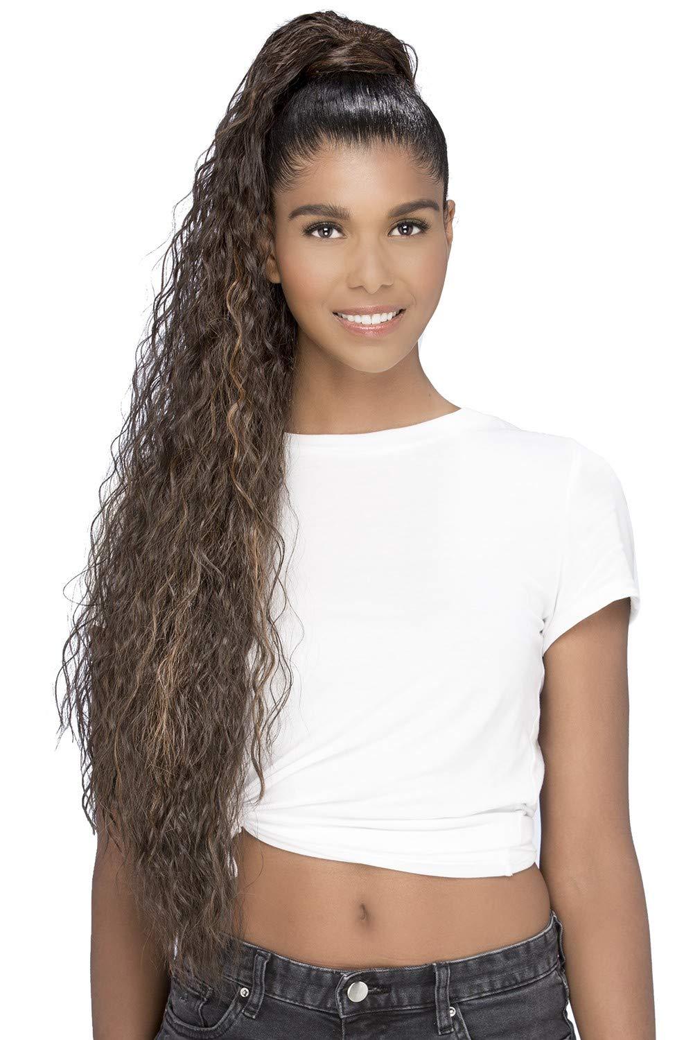 Vivica Olleh Pocket Bun Ponytail Color FS1B/30 - Vivica Fox Wigs 32" Long Beach Wave Heat Friendly Synthetic Extension Drawstring Combs Bundle MaxWigs Hairloss Booklet