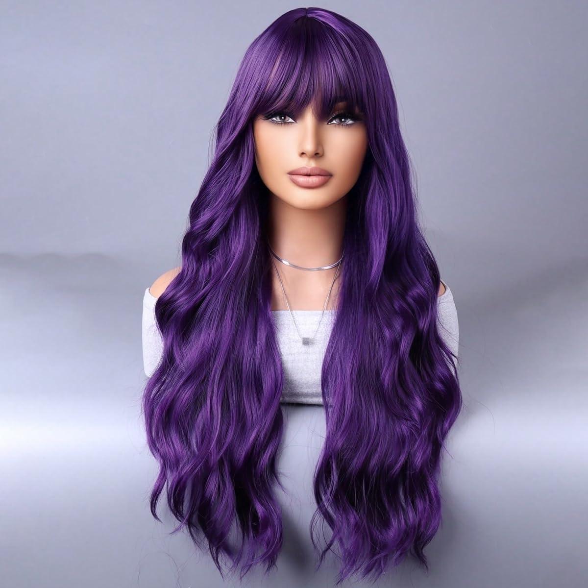 WTHCOS WTHCOS Dark Purple Long Curly Wavy Hair Wig for Women With Bangs Purple Wig Heat Resistant Synthetic Hair Wigs for Daily Use Cosplay Wig With Wig Cap