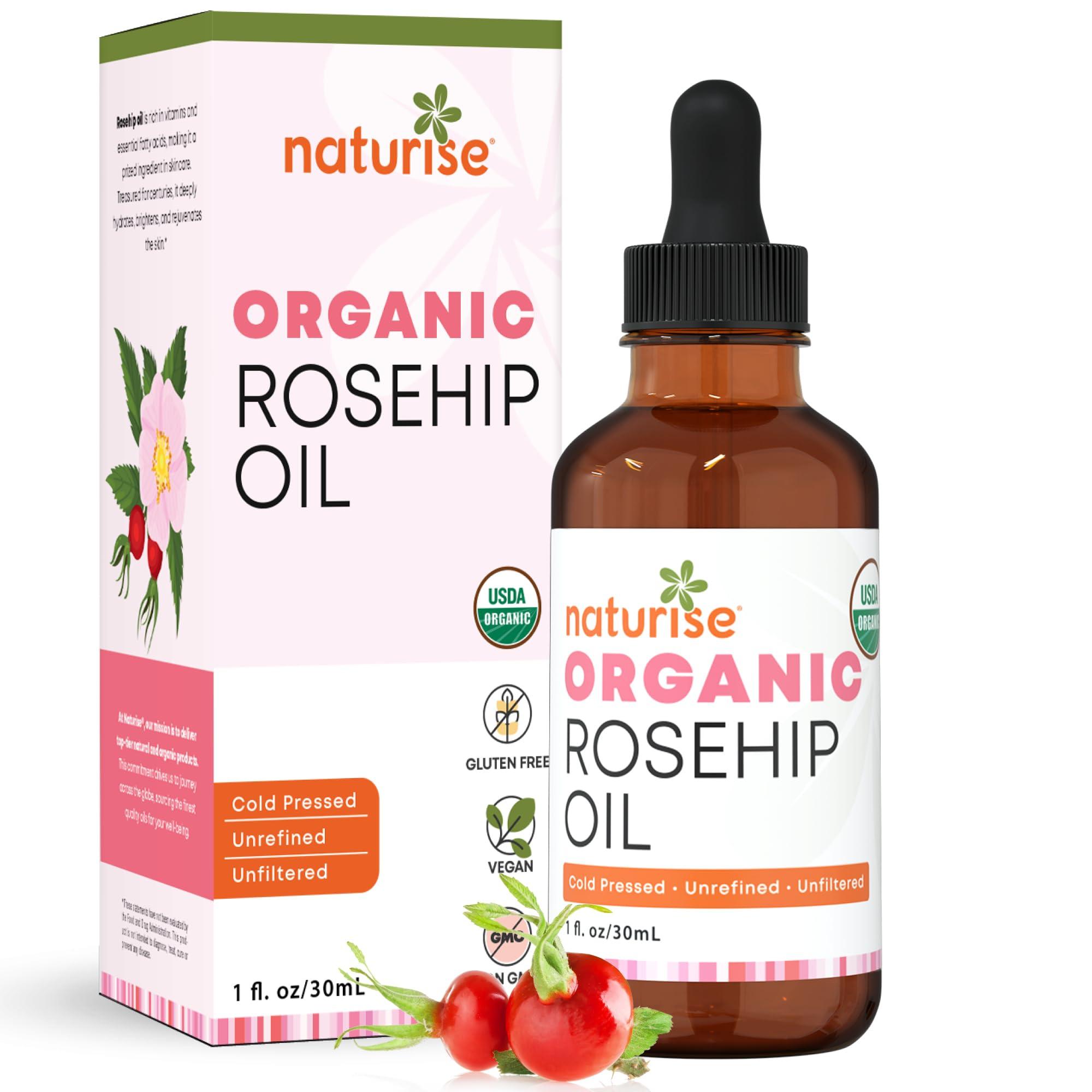 Naturise Naturise Organic Rosehip Seed Oil for Face, 100% Pure, Natural Cold Pressed Rose Hip Oil for Skin, Hair, Nails and Body Care (1 FL. OZ.)