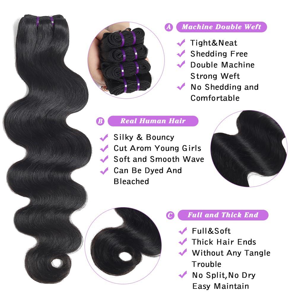 Vallbest Bundles Human Hair Body Wave 20 20 20 Inch 3 Bundles Human Hair 16A 100% Unprocessed Brazilain Virgin Hair Bundles Body Wave Human Hair Extensions Natural Black