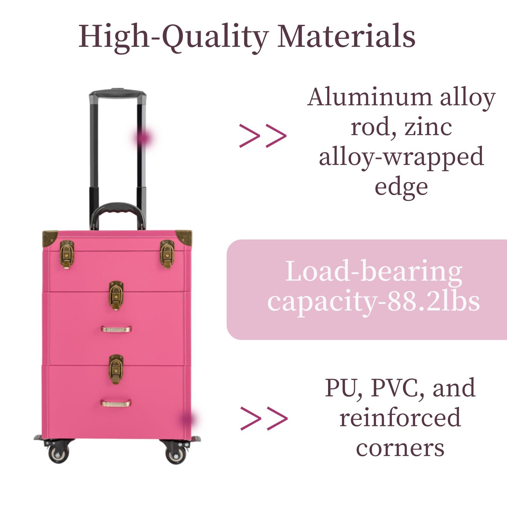 LEYSRIS LEYSRIS Lockable Rolling Makeup Case Cosmetic Case with Universal Wheels, 3-Tier Pink Trolley Makeup Train Case 88.2 lbs Professional Makeup Case for Nail Tech Hairstylist Barber