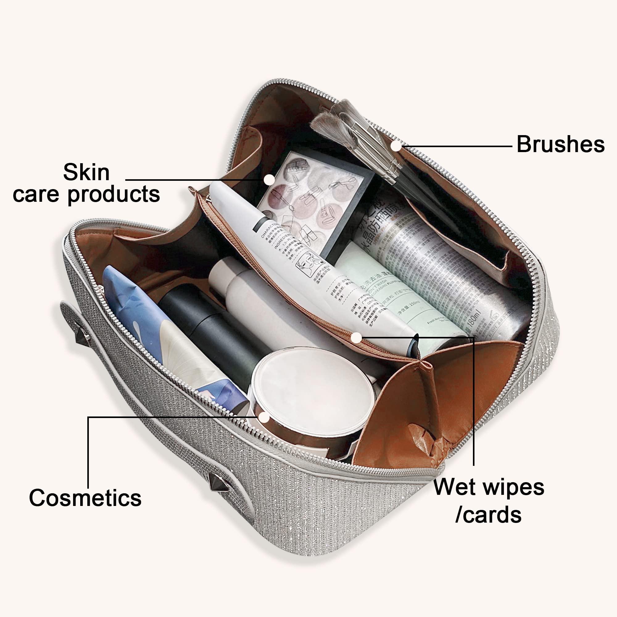 Cessfle Large Capacity Travel Cosmetic Bag Glitter Makeup Bag Everything Sparkly Shiny Make up Bag Portable Sequin Toiletry Travel Bag with Handle and Divider for Women (Silver)