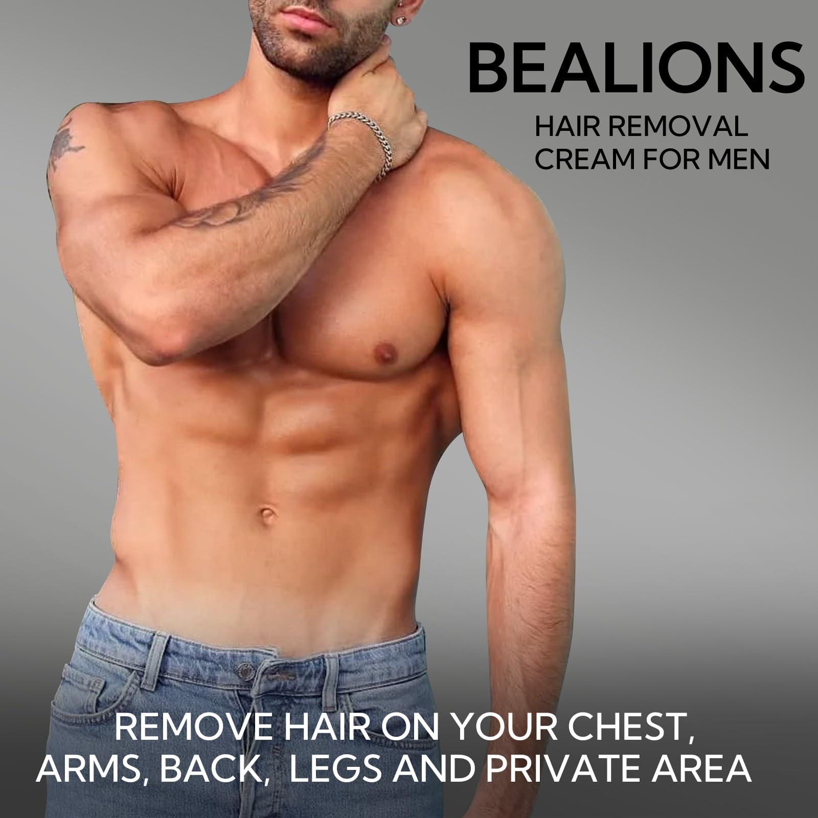 Bealions Gentle Hair Removal Cream for Men: No Irritation to Skin - Intimate/Private Areas Effective Hair Removal - Body Depilatory Cream to Remove Unwanted Hair 80ml