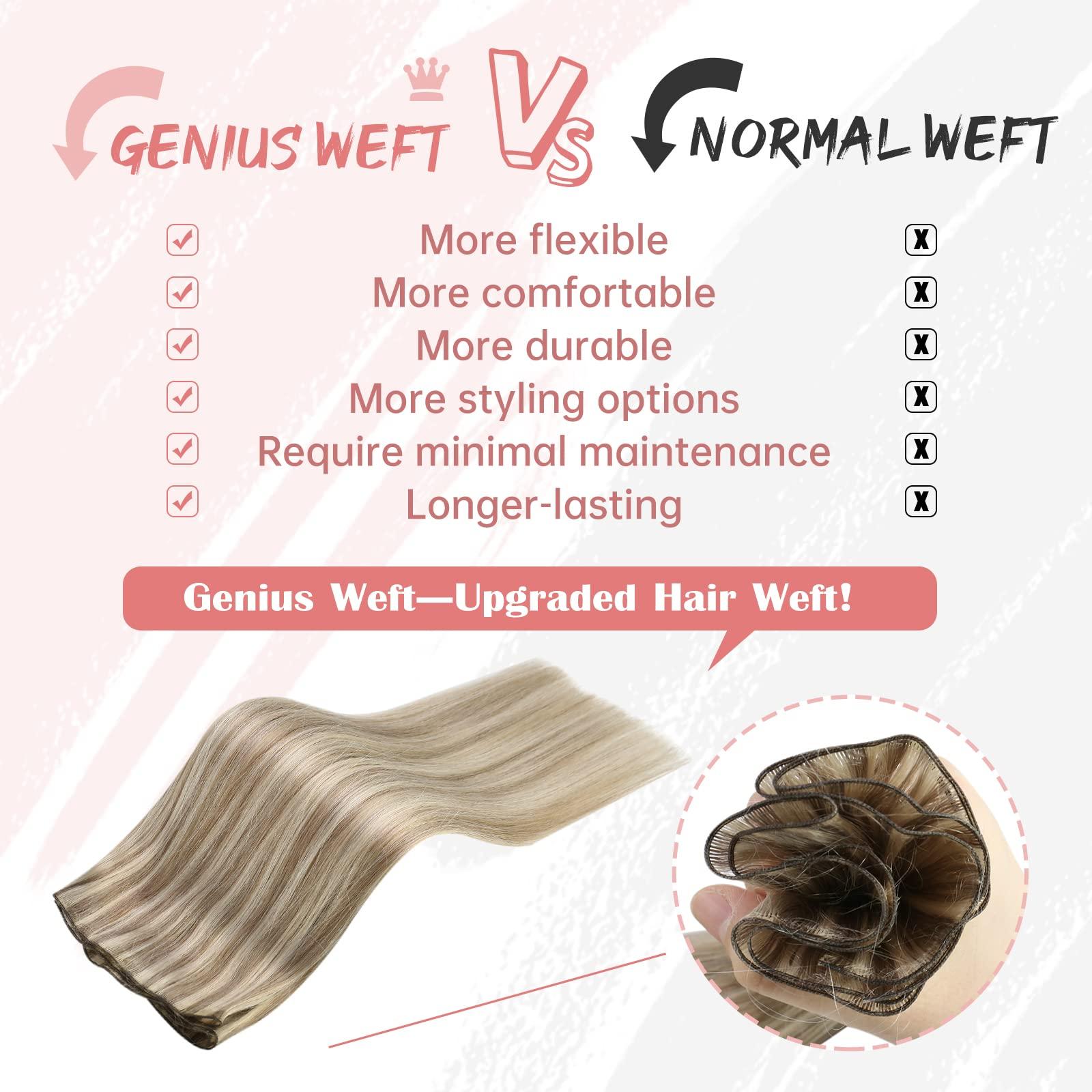 Fshine Fshine Hand Tied Genius Weft 14 Inch 50g Ash Blonde Highlighted Bleach Blonde Sew in Hair Extensions Remy Human Hair Weave Real Human Hair for Women Highlight Hair Genius Weft Natural Hair