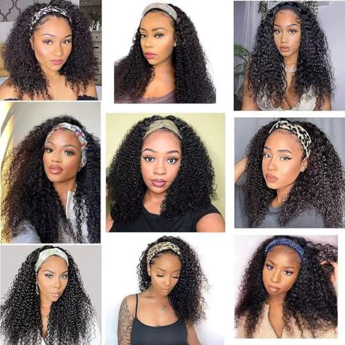 Yavida Yavida Headband Wig Human Hair Kinky Curly Wigs Human Hair None Lace Front Wig Curly Headband Wigs for Women Human Hair Band Wig Natural Black 3/4 Half Wig 30 Inch