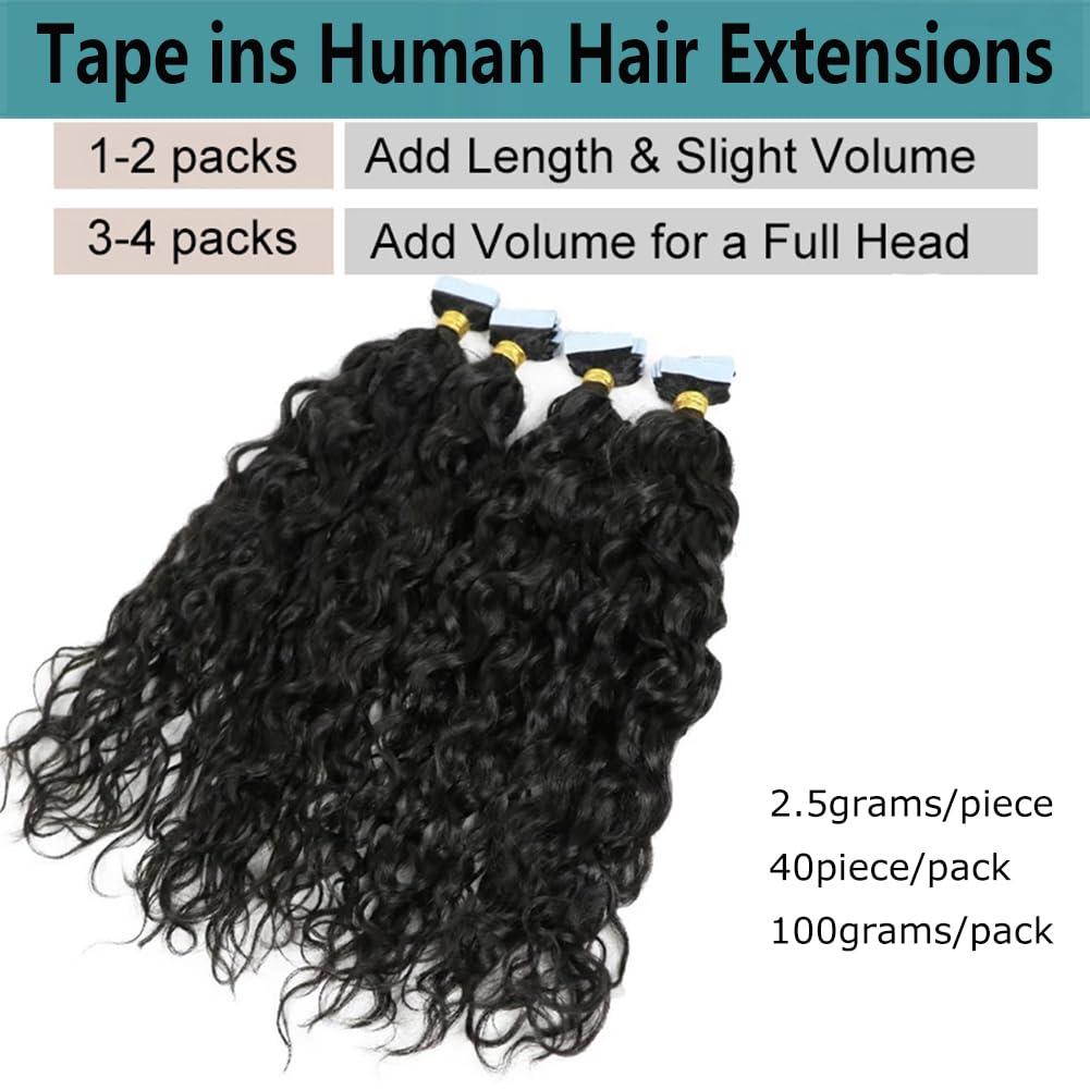 Kiss darling LASHES Water Wave Tape in Hair Extensions Remy Human Hair 8inch 100g 40pcs Natural Wavy Curly Tape in Hair Extensions Human Hair Wet& Wavy Tape in Hair Extensions