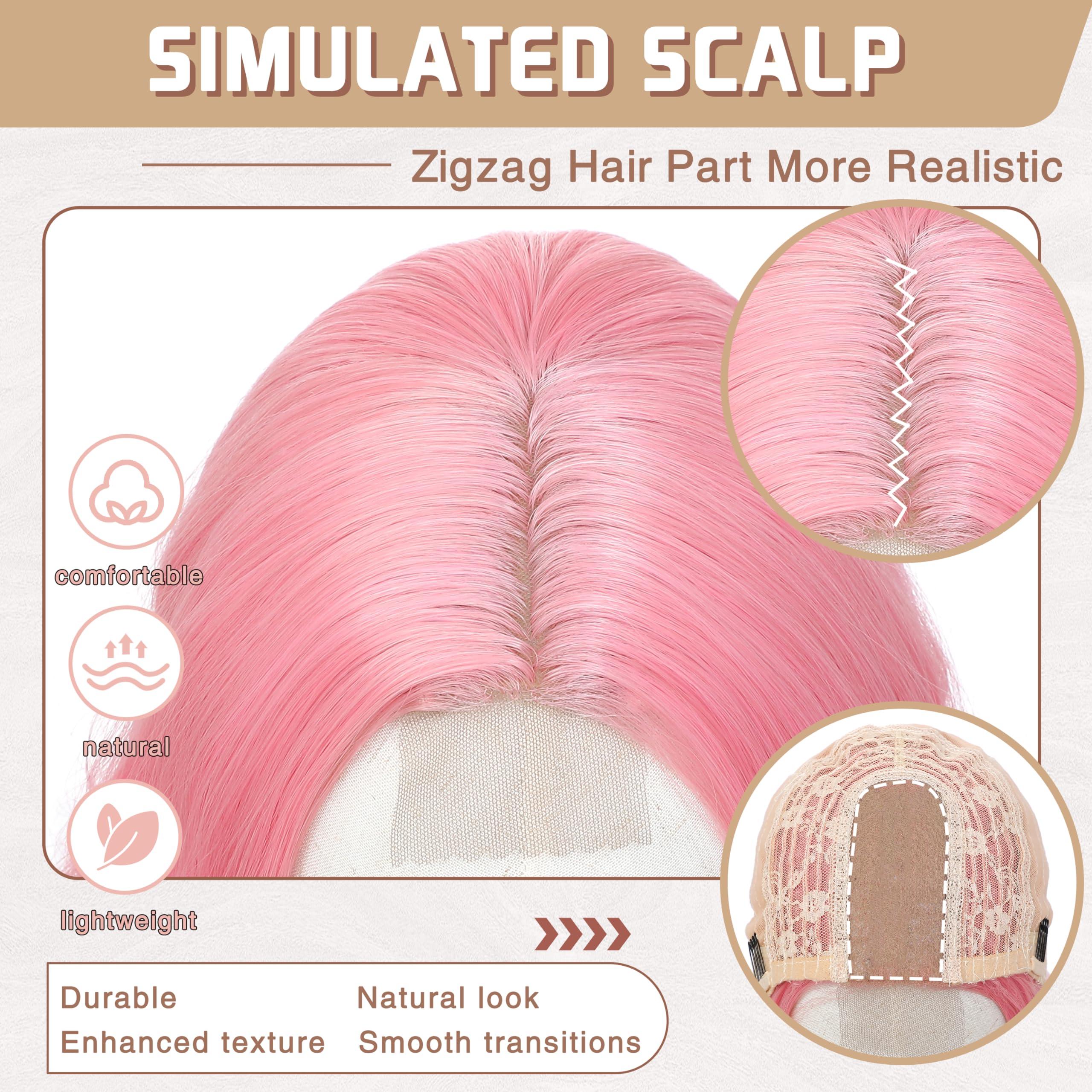 BUPPLER BUPPLER Pink Wig 18 Inch Medium Length Wigs for Women Middle Part Synthetic Hair Wavy Wig with Upgraded Strands,Natural Hair Wig for Daily Party/Halloween Use 18Inch,Pink