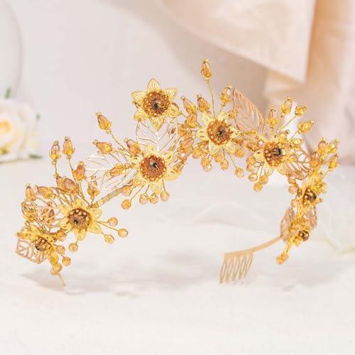 Woeoe Woeoe Crystal Queen Headband Gold Bridal Headpiece Women Headwear with Combs for Bride Wedding Birthday Party