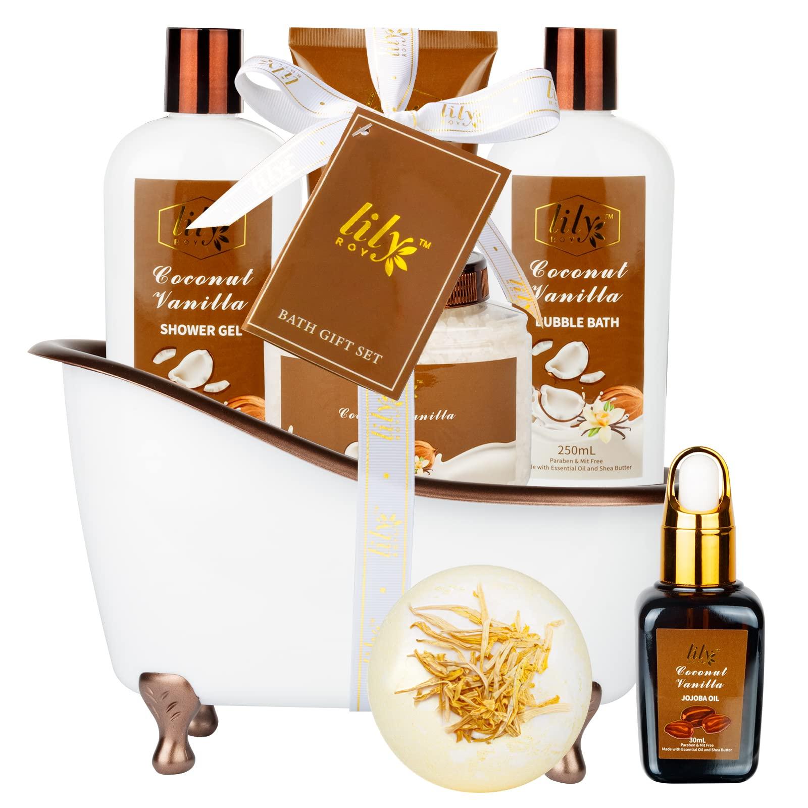 LILY ROY Spa Gift Tub Set Bath and Body Gift Sets for Women Valentines Day Gifts Coconut Vanilla Mom Birthday Gifts Christmas Gift Spa Bath Gifts for Men Spa Kit Perfume Self Skin Care for Fathers Mothers Day