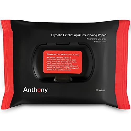 Anthony Anthony Glycolic Exfoliating & Resurfacing Wipes – Men’s Cleansing Face Cloths to Clean and Brighten Complexion – Gentle Pore Refining for Normal, Oily or Sensitive Skin – 30 Sheets per Bag