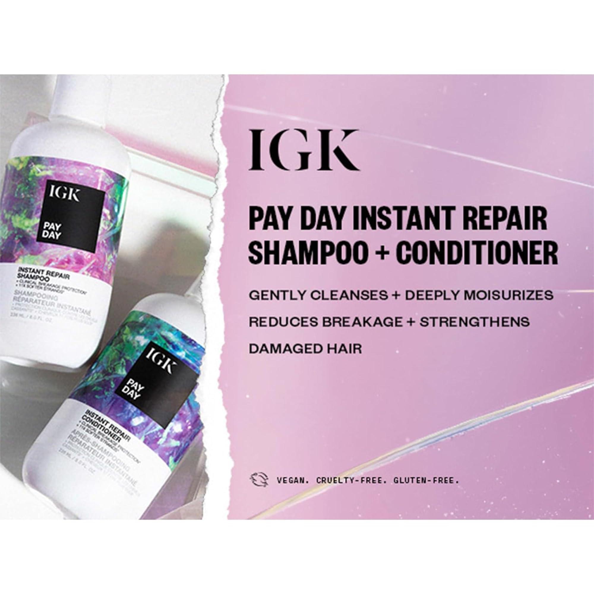 IGK IGK Pay Day Instant Repair Shampoo and Conditioner Set | Bond-Building + Damage Repair | Vegan + Cruelty Free | Set of 2