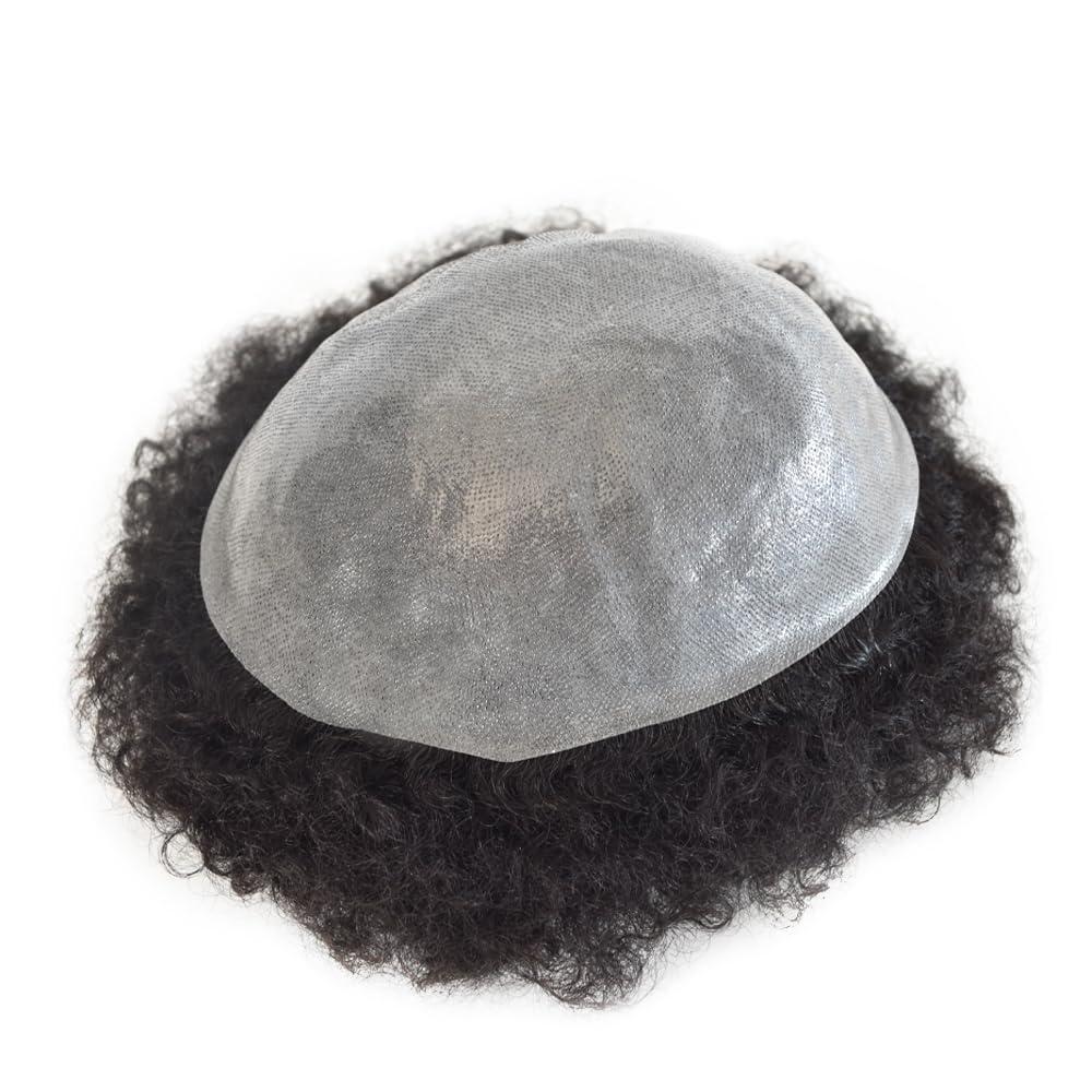Generic Afro Toupee for Black Men Weave Units Full Poly PU African Americna Men Wigs Hand Tied Human Hair Replacement System Afro Kinky Curls Mens Toupee (6MM Wavy, 140# Jet Black With 40% Synthetic Gray)