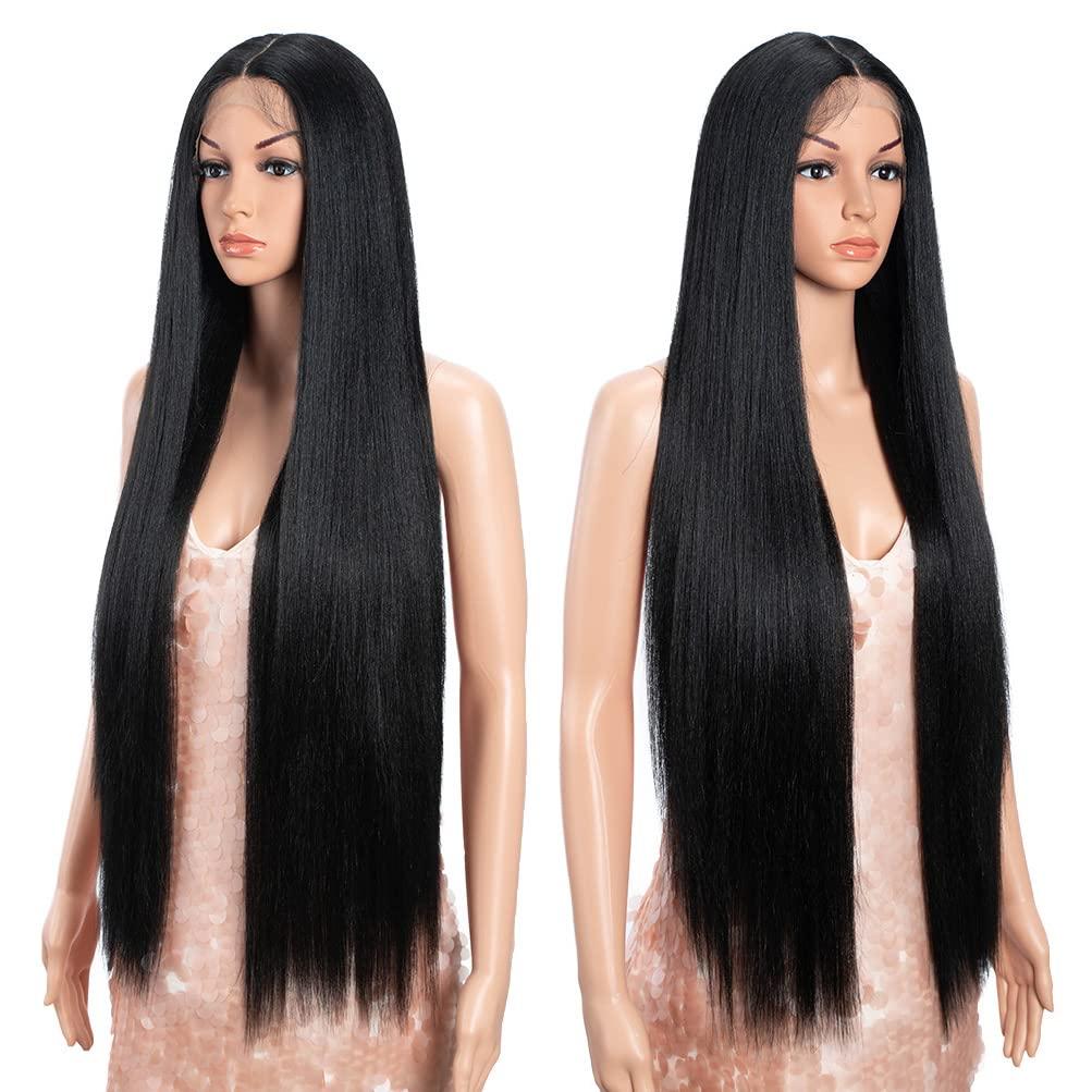 Style Icon Style Icon 36" Lace Front Wigs Super Long Yaki Straight Wig With Baby Hair 130% Density Synthetic Wig (36 Inches, 1B)