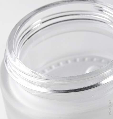 JUVITUS Frosted Clear Glass 5 ml 1/6 oz Small Thick Wall Balm Salve Pot Container Jars with Black Smooth Foam Lined Lids (24 Pack)