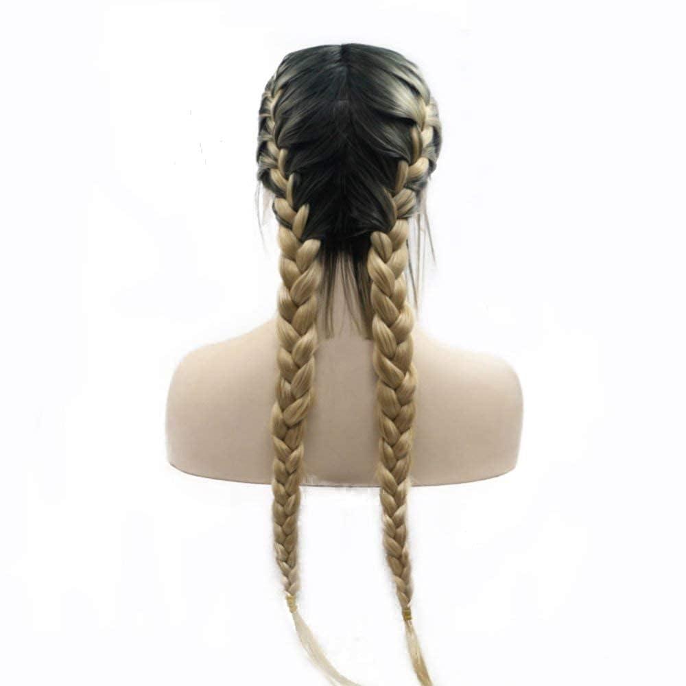 RainaHair Blonde Double Braided Wigs with Baby Hair Heat Resistant Synthetic Lace Front Wigs for Women Female Dark Roots Ombre Blonde Natural 2x Twist Braids Long Hair Glueless Synthetic Wig
