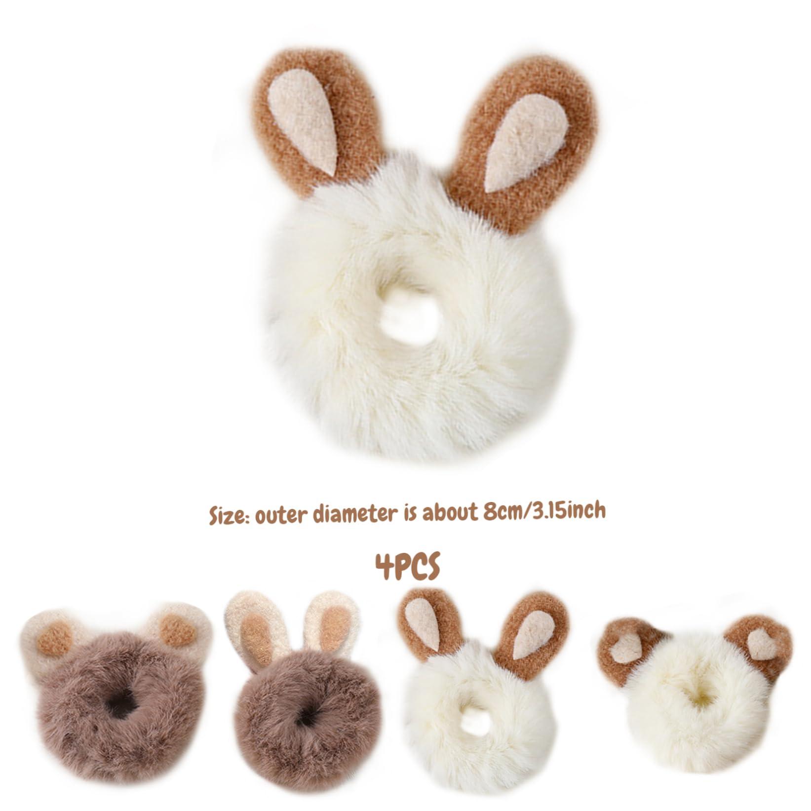 Hperu 4PCS Cute Scrunchies,Scrunchies for Girls Elastic Fluffy Scrunchies Rabbit/Bear Ear Cute Scrunchies Plush Fluffy Hair Ties Portable Thick Hair Bobbles