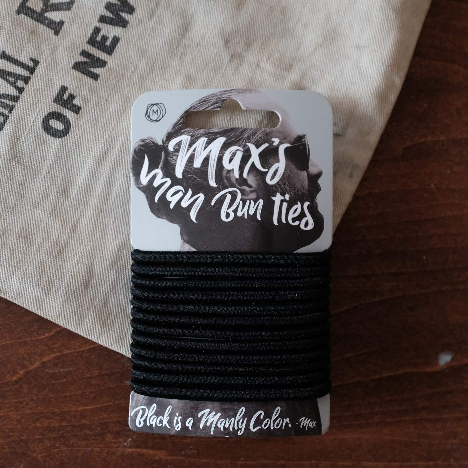 Max's Man Bun Ties No Tangle, No Damage Soft Hair Elastics, Supports 7-8 Pounds of Hair, Metal Free - 12 Pack 4mm Strong Man Bun hair Ties Black Bands