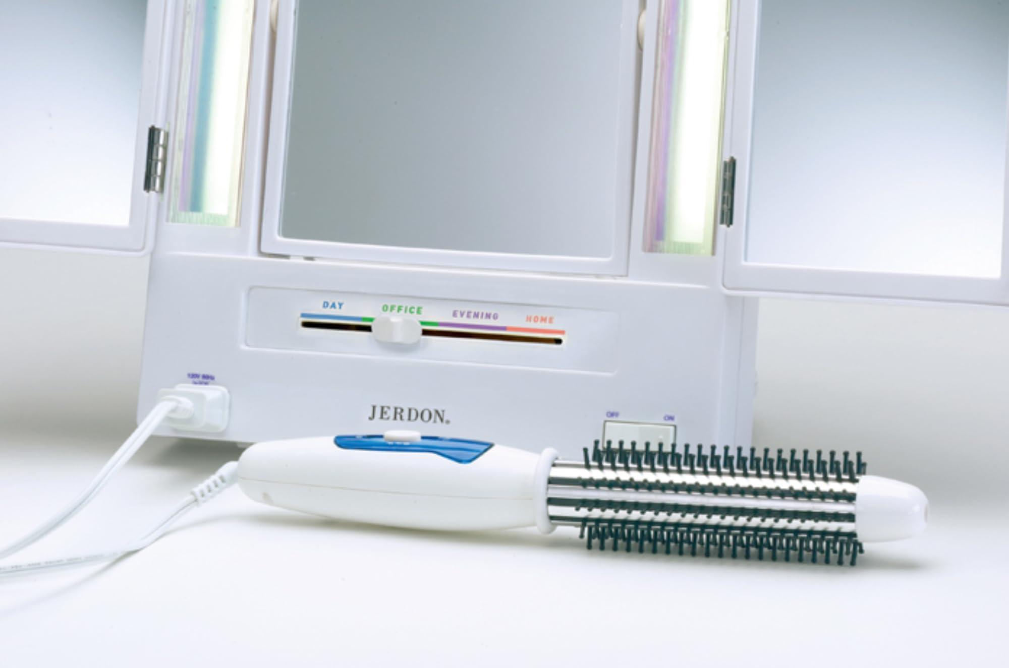 Jerdon JERDON Tri-Fold Two-Sided Makeup Mirror with Lights - Vanity Mirror with 5X-1X Magnification & Multiple Light Settings - White - Model JGL9W