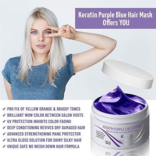 VITAMINS hair cosmetics Vitamins Keratin Purple Hair Mask - Violet Blue Protein Deep Conditioner Treatment - Toner for Blonde Platinum Silver Gray Ash or Brown Colored Dry and Damaged Brassy Hair