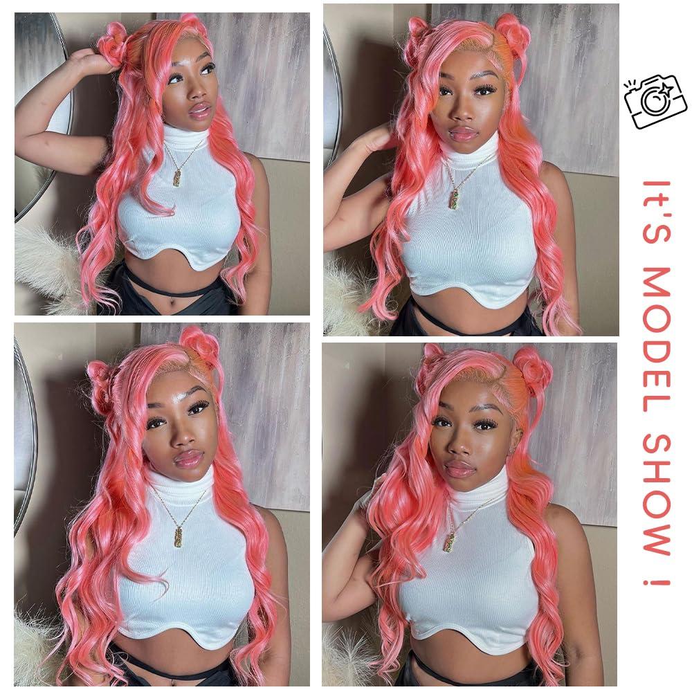 Boumon Pink Lace Front Wigs Human Hair Pre Plucked 200% Density Body Wave Pink Wig Human Hair 13x4 HD Lace Frontal Wig Pink Colored Human Hair Wig Glueless Wigs Human Hair 30 Inch