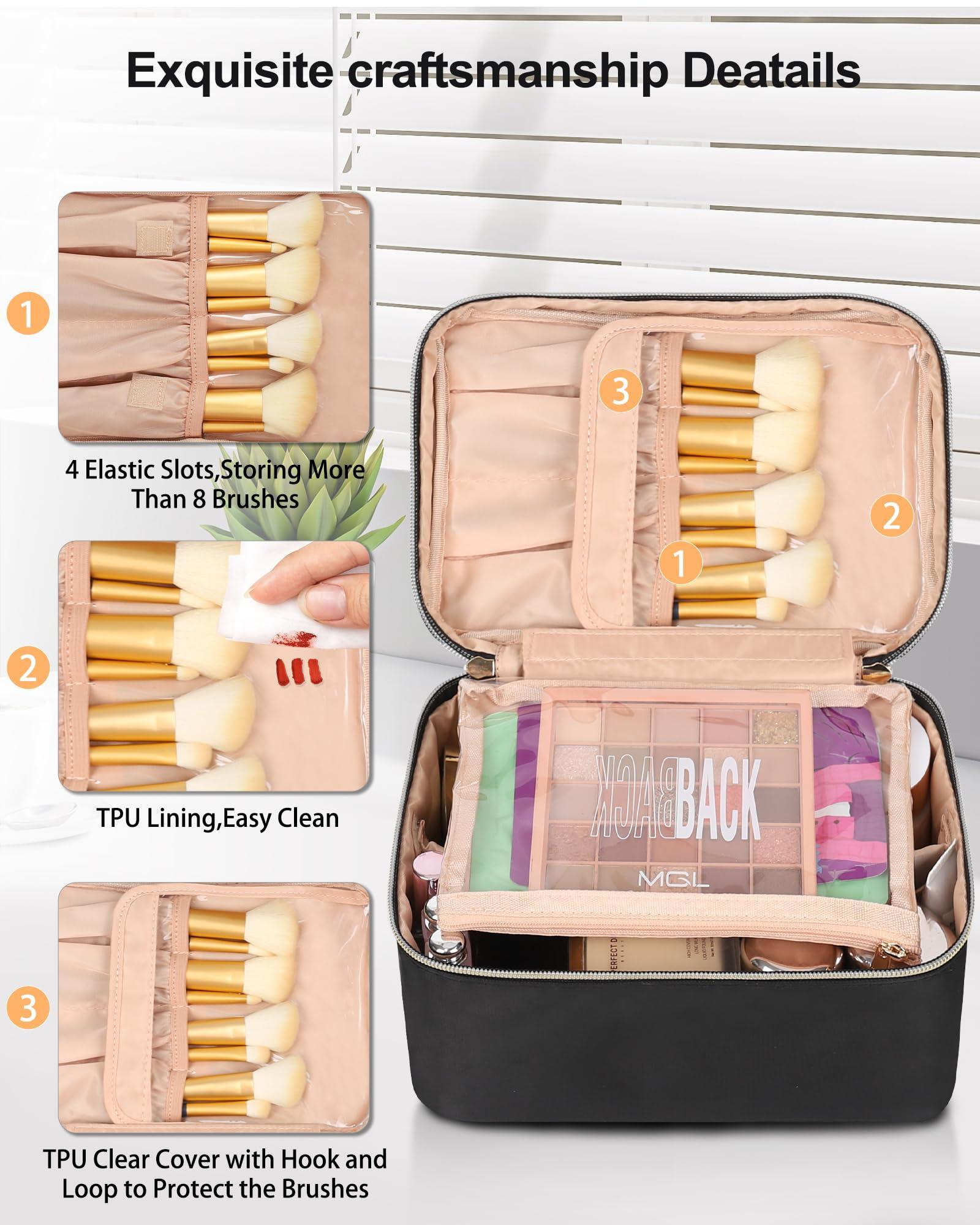 MONSTINA MONSTINA Makeup Bag with Detachable Small Gadget Bag,Large Capacity Portable Cosmetic Organizer,Waterproof Travel Toiletry Bag with Divider for Lipstick,Gifts for Girls and Women,Black Large