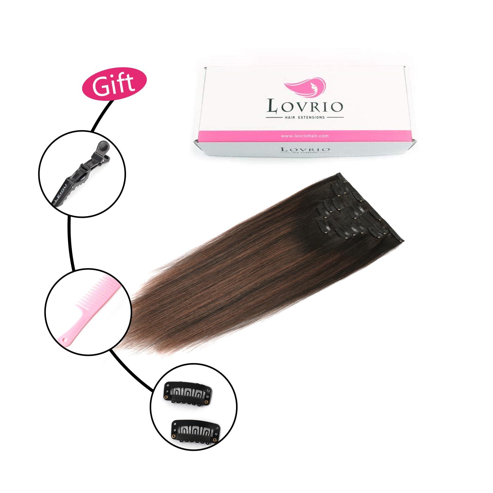 LOVRIO Lovrio Yaki Straight Clip in Human Hair Two Tone Rooted Black to Natural Black #1B Mixed With Chocolate Brown #4 Light Yaki Clip in Remy Human Hair for Black Women Yaki Hair 20 Inch 120G