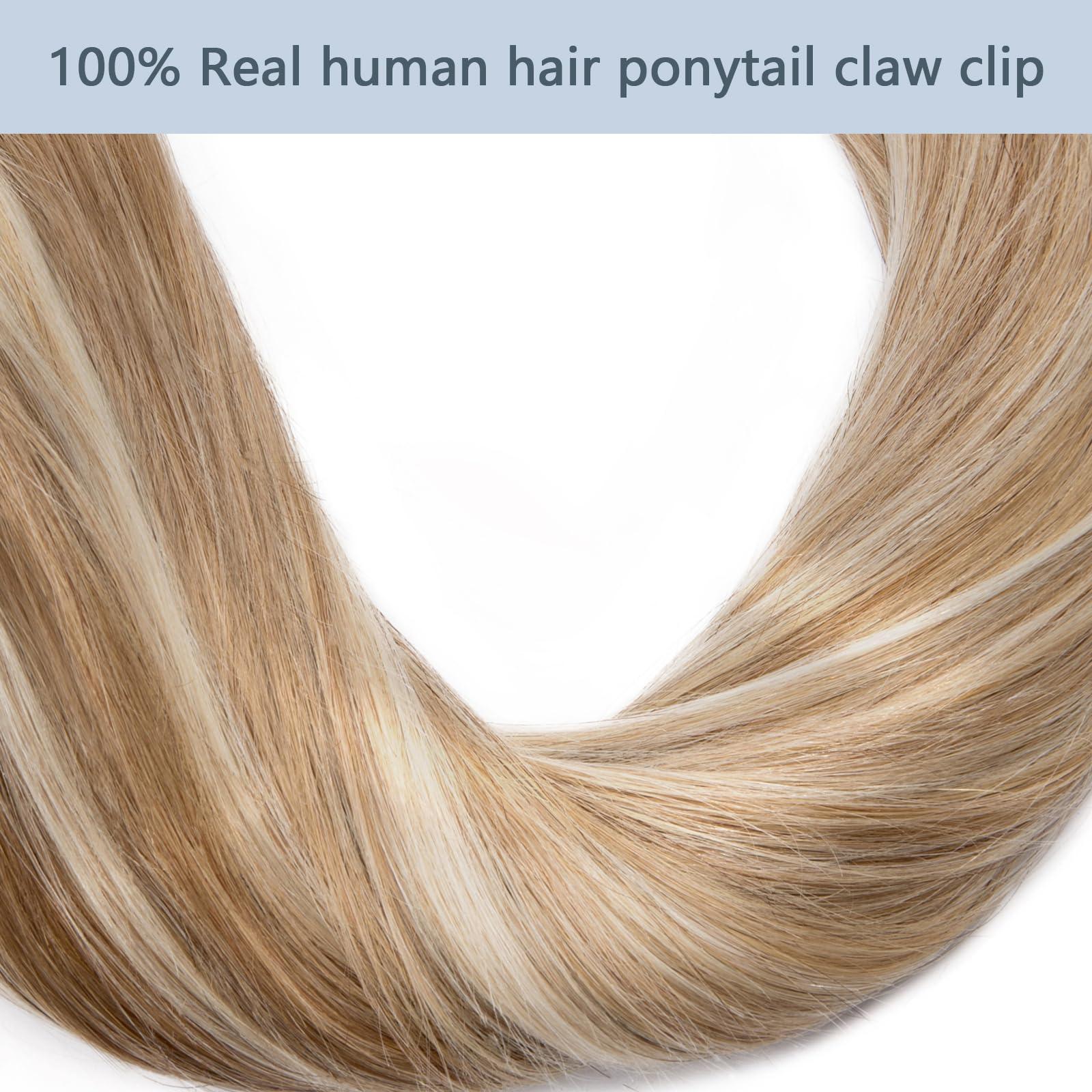 FUOTONBUTY Claw Clip Ponytail Extension 100% Real Remy Human Hairpiece Pony Tails Hair Extensions Long Straight Ponytail for Women (18 inch, Balayage Caramel Blonde to Bleach Blonde)