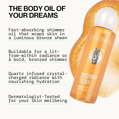 Pacifica Pacifica Bronzing Body Oil Crystal Bronze Shimmering Oil for Natural Sun-Kissed Glow, Hydrating Body Illuminator, Vanilla Coconut Scent, Vegan & Cruelty-Free, Clean Beauty, 4 fl oz