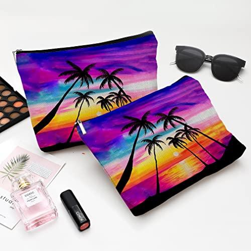 Givotin Givotin Cosmetic Bags for Women Cute Makeup Bag for Purse Canvas Travel Toiletry Bag Funny Zipper Pouch-Red Sunset Coconut Palm Makeup Bags