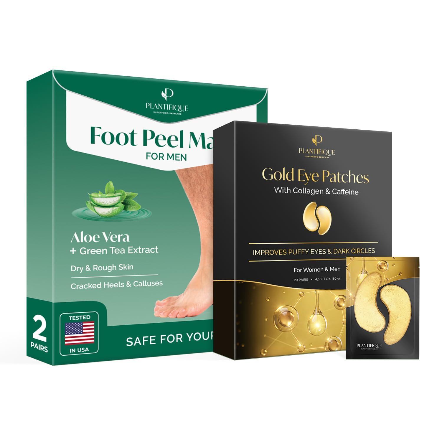 PLANTIFIQUE PLANTIFIQUE Foot Peeling Mask for Men 2 pack and Gold Under Eye Patches for Puffy Eyes and Dark Circles 20 Pairs